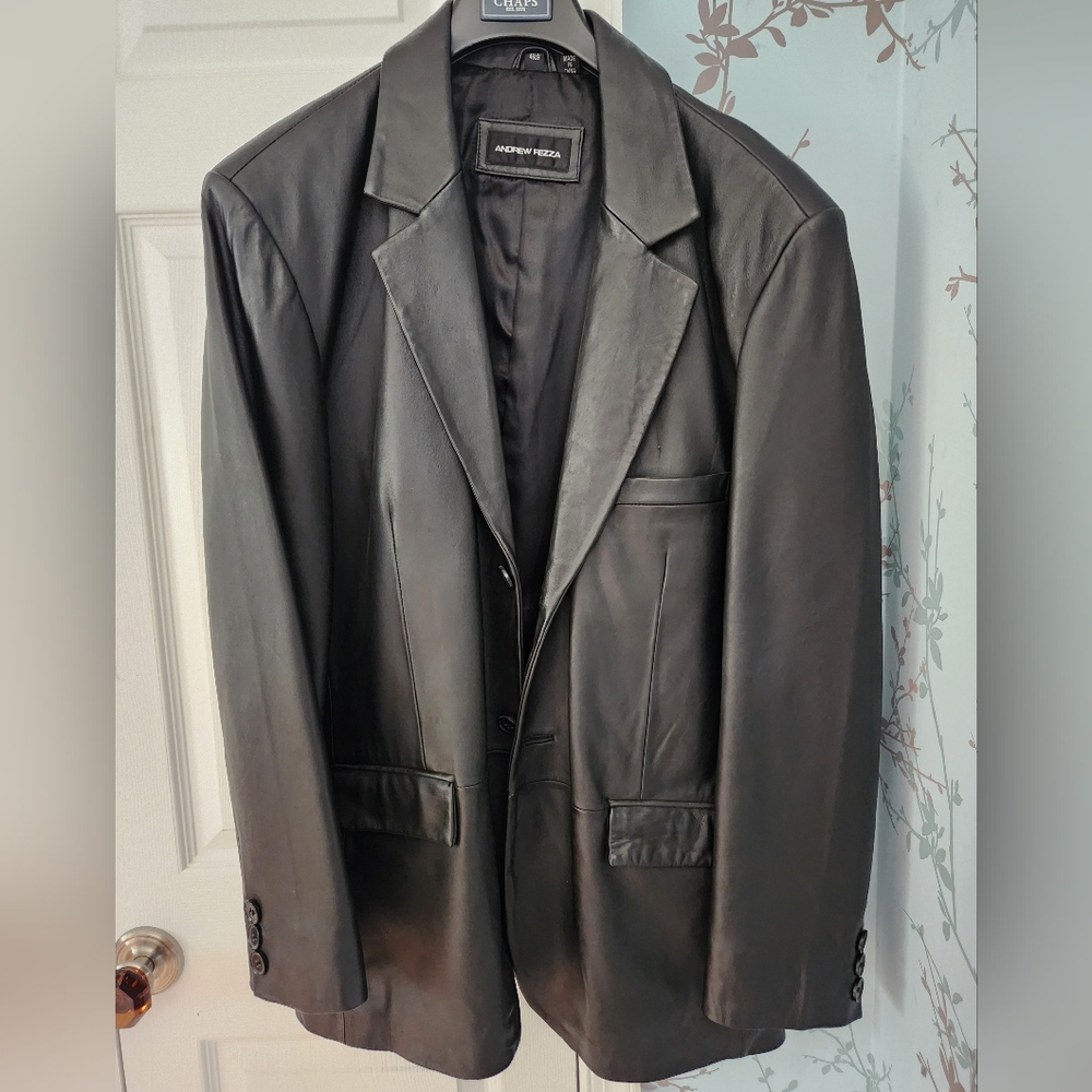 Mens Andrew Fezza Black Leather Blazer Jacket Size 46 Large